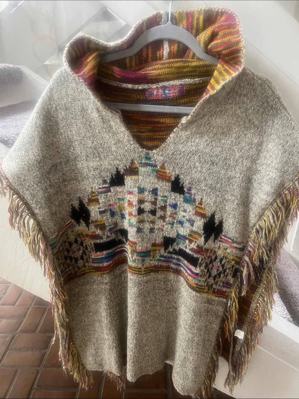 Handcrafted Multicolor Hooded Poncho Sweater with western stripe lined hood M/L